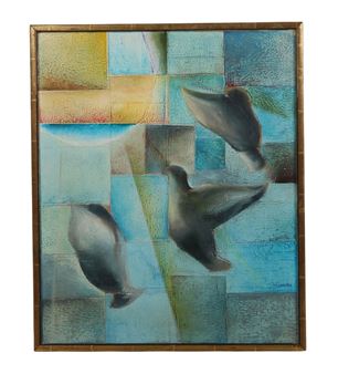 Mid Century Modern Abstract Flying Doves Painting - S. R. Garnier