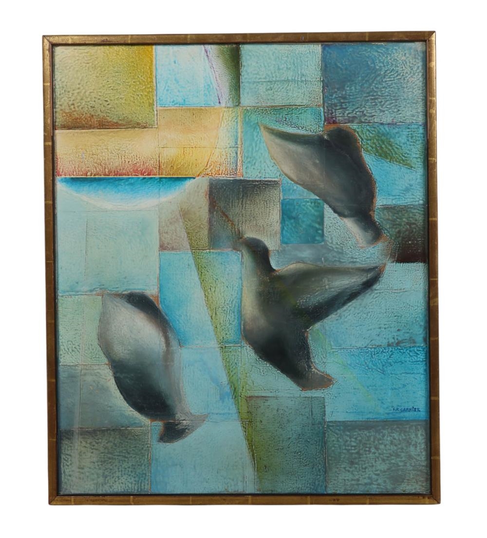 Artwork by S. R. Garnier, Mid Century Modern Abstract Flying Doves Painting, Made of Oil On Canvas