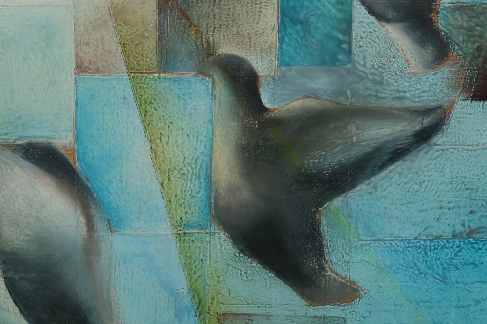 Artwork by S. R. Garnier, Mid Century Modern Abstract Flying Doves Painting, Made of Oil On Canvas