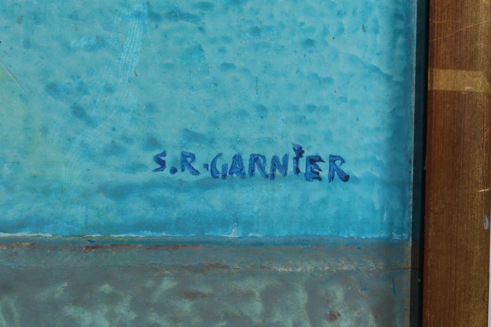 Artwork by S. R. Garnier, Mid Century Modern Abstract Flying Doves Painting, Made of Oil On Canvas