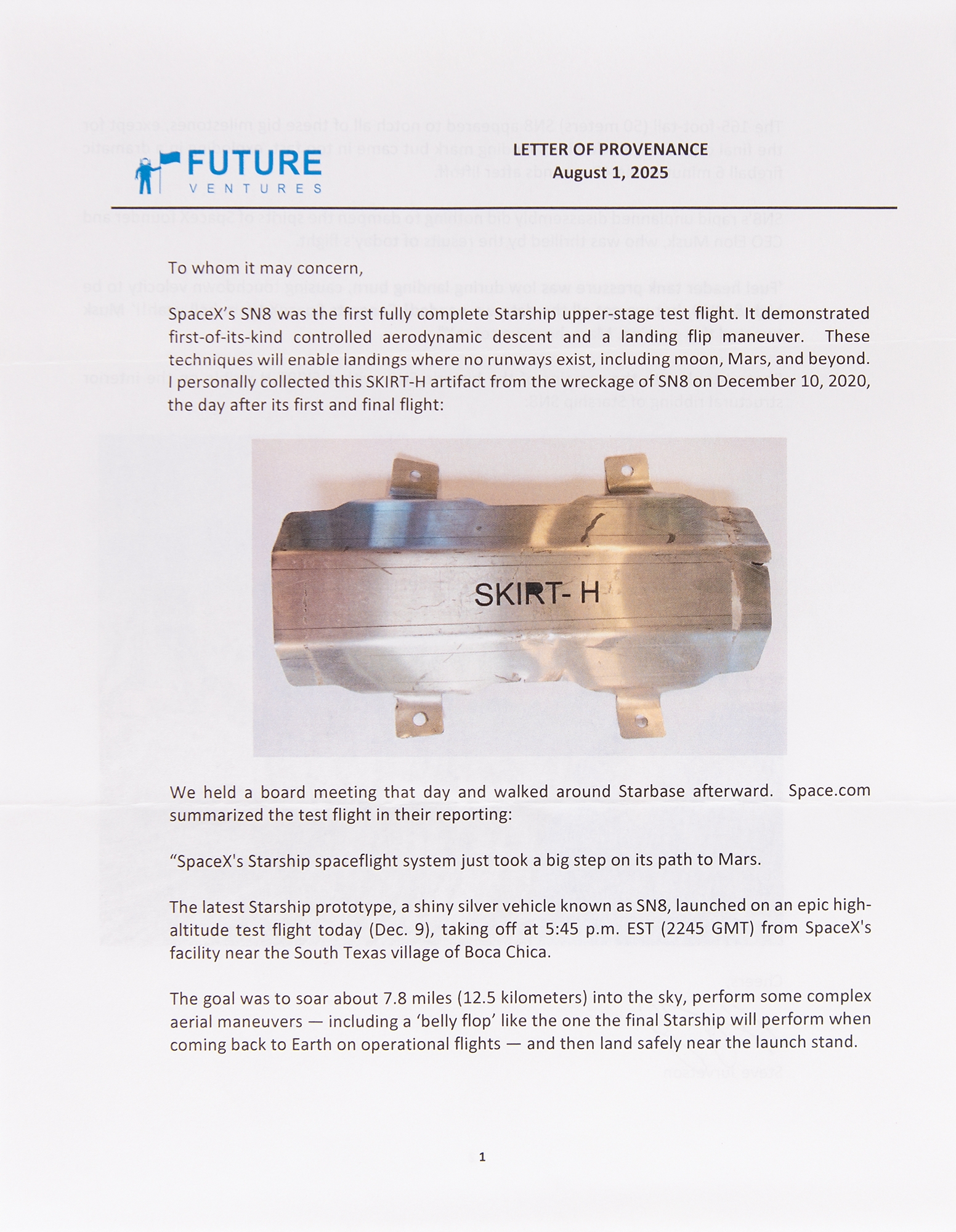 Artwork by Elon Musk, SpaceX Starship SN8 Flown 'SKIRT-H' Panel, Made of Metal