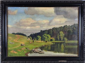 Lake landscape with shepherd couple - Rudolf Heverdle