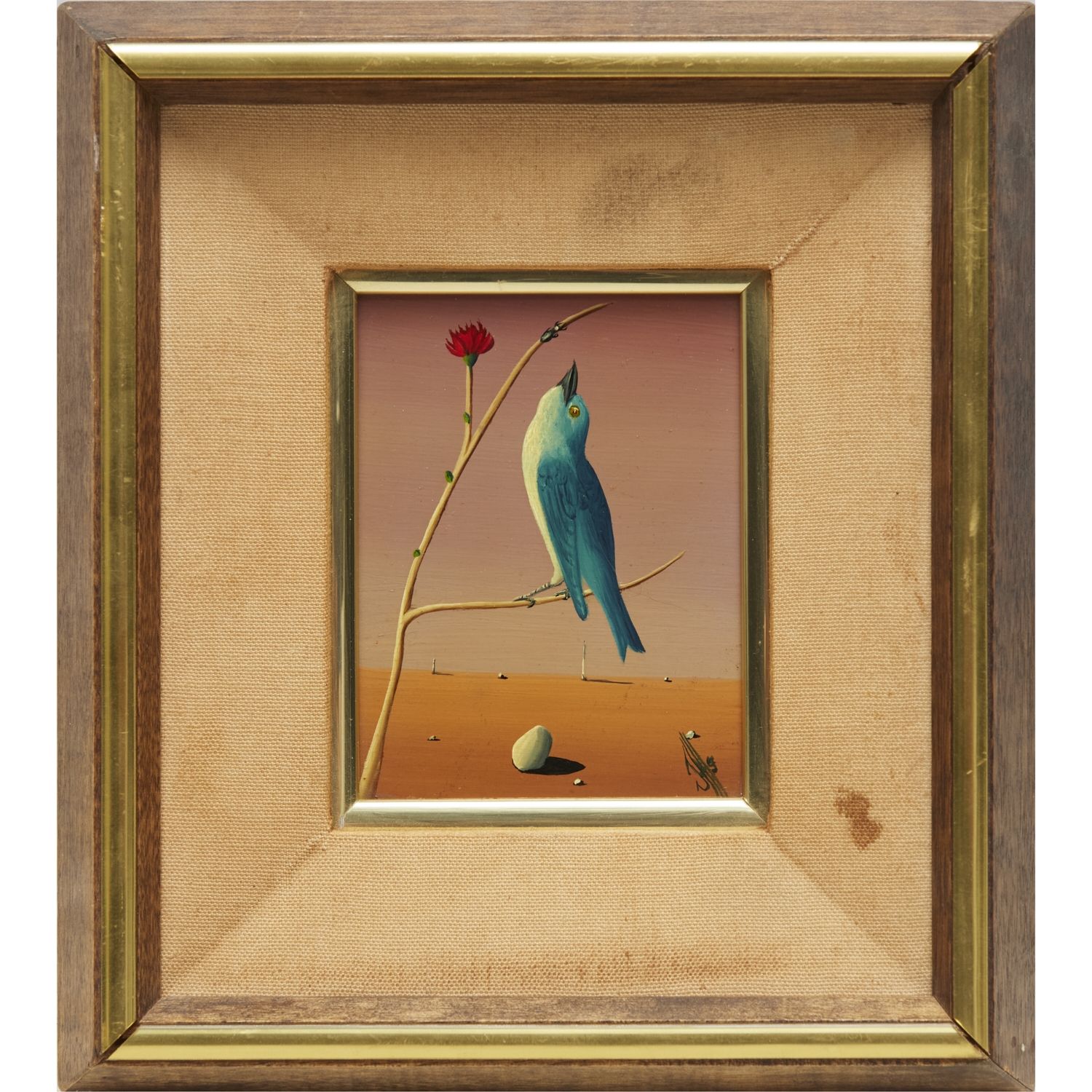 Artwork by Jorge Noceda Sánchez, Bird on Branch, in Surrealist Landscape, Made of Oil On Masonite
