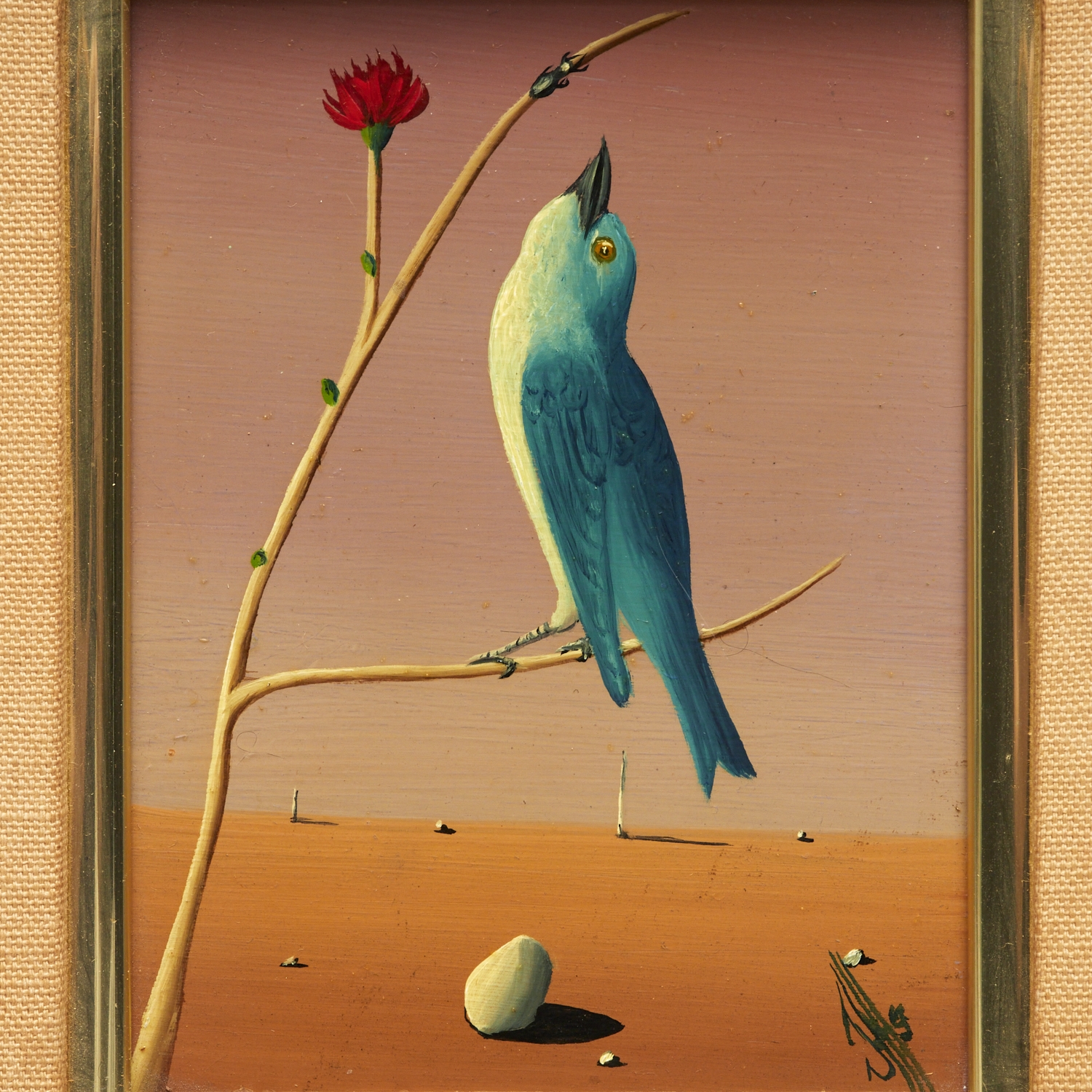 Artwork by Jorge Noceda Sánchez, Bird on Branch, in Surrealist Landscape, Made of Oil On Masonite
