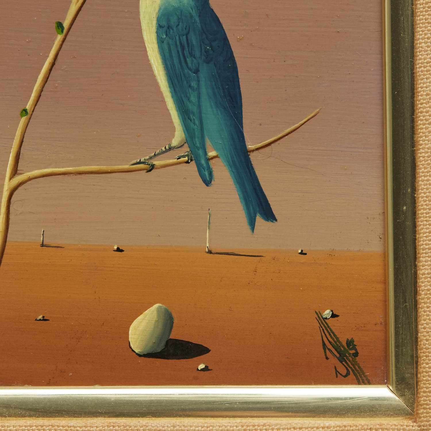 Artwork by Jorge Noceda Sánchez, Bird on Branch, in Surrealist Landscape, Made of Oil On Masonite