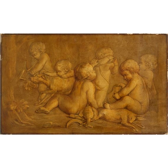Allegorical Scene of the Hunt with Putti, Hounds and Game by French School, 20th Century
