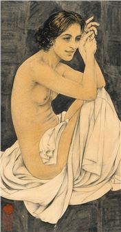 A contemplative figure seated in a draped cloth against a dark, textured background.