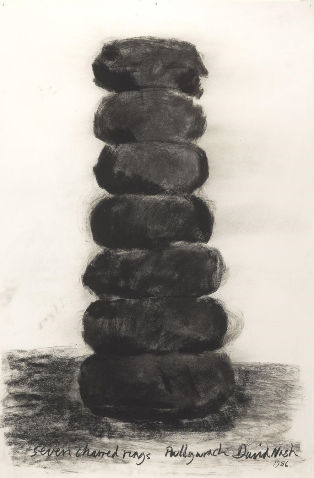 Artwork by David Nash, Seven charred rings, Made of Charcoal On Paper