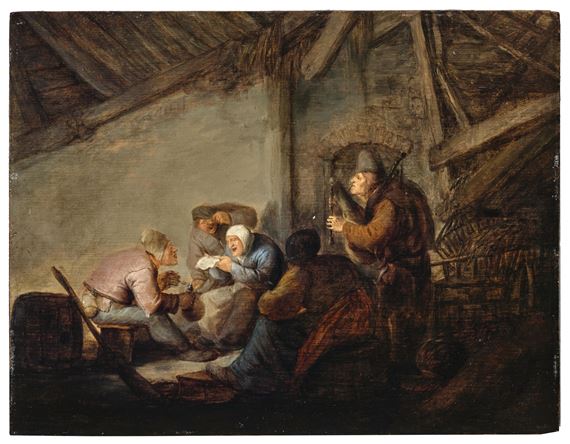 A tavern interior, with peasants singing and making music by Adriaen van Ostade, circa 1631-1632