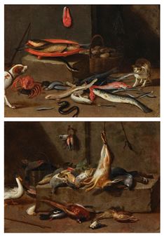 Two fish on a terracotta plate, a basket of seashells, eels, a crab, and a cat and a dog; and A hare, songbirds, a pheasant and a duck - Pseudo Jan van Kessel II