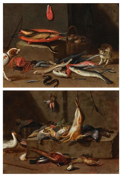 Two fish on a terracotta plate, a basket of seashells, eels, a crab, and a cat and a dog; and A hare, songbirds, a pheasant and a duck - Pseudo Jan van Kessel II