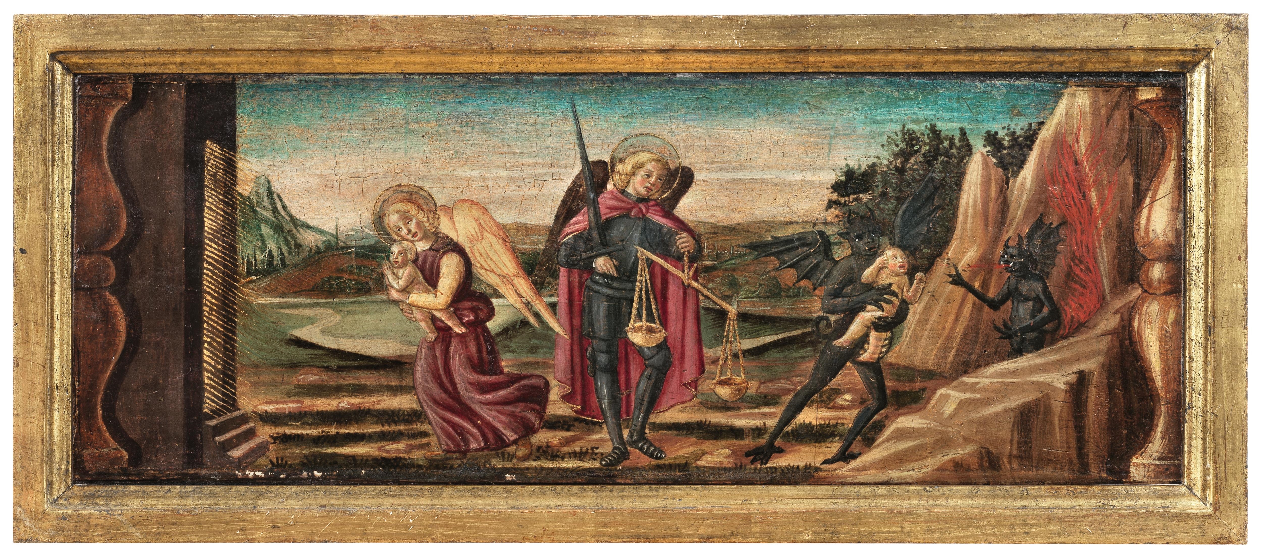 Francesco Botticini | Archangel Michael weighing souls; and A saint ...