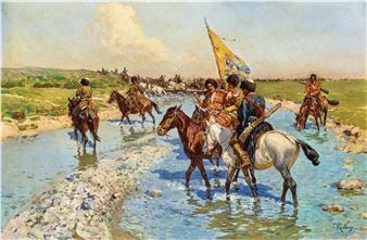 Cossack Riders at a River Crossing - Frants Alekseevich Rubo