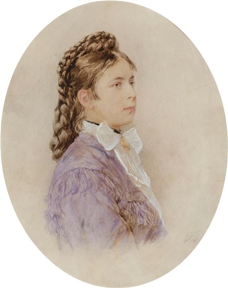 Portrait of a girl in a purple jacket and a plaided hairstyle - Josef Kriehuber
