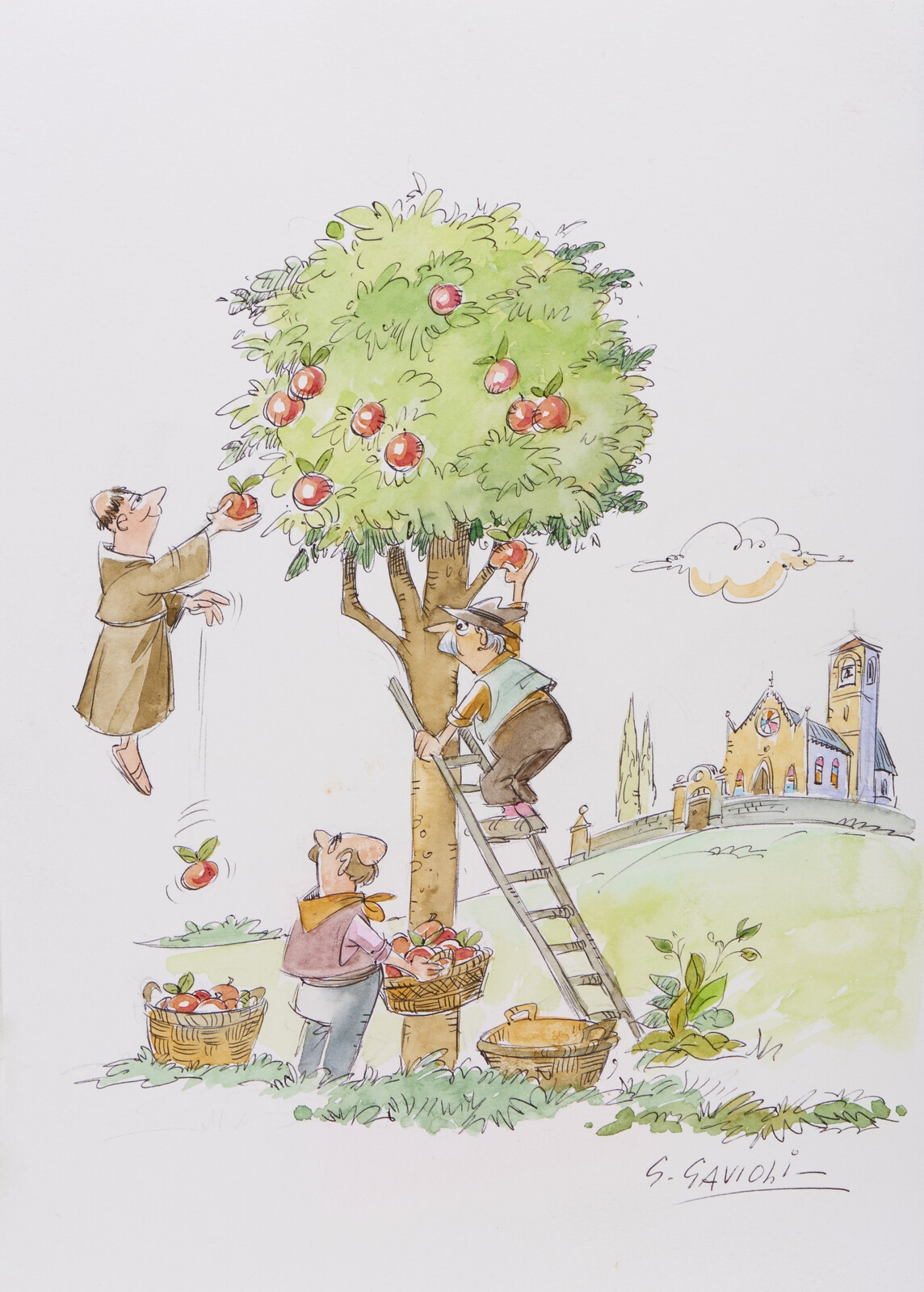 Artwork by Gino Gavioli, Humorous illustration from Gamma Film on Carosello, Made of colored ink on paper