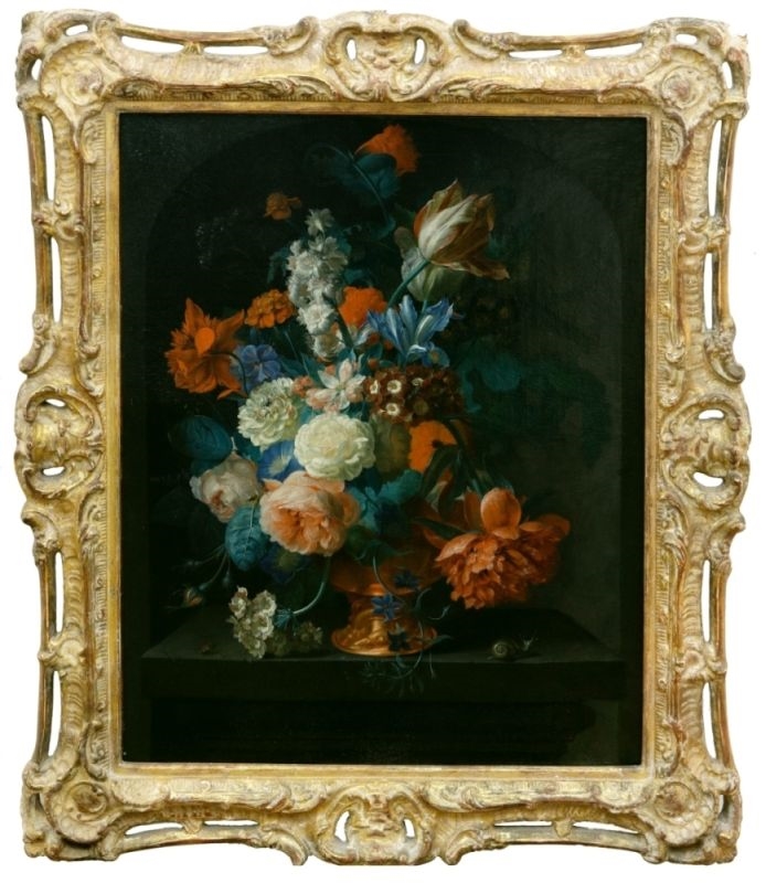 Artwork by Coenraet Conrad Roepel, Blumenstillleben in einer Vase, mit Schnecke und Marienkäfer auf einem Steinsockel, Made of oil on canvas