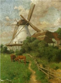 A pastoral oil painting featuring a white windmill, grazing cows, and rustic farm buildings under a cloudy sky.