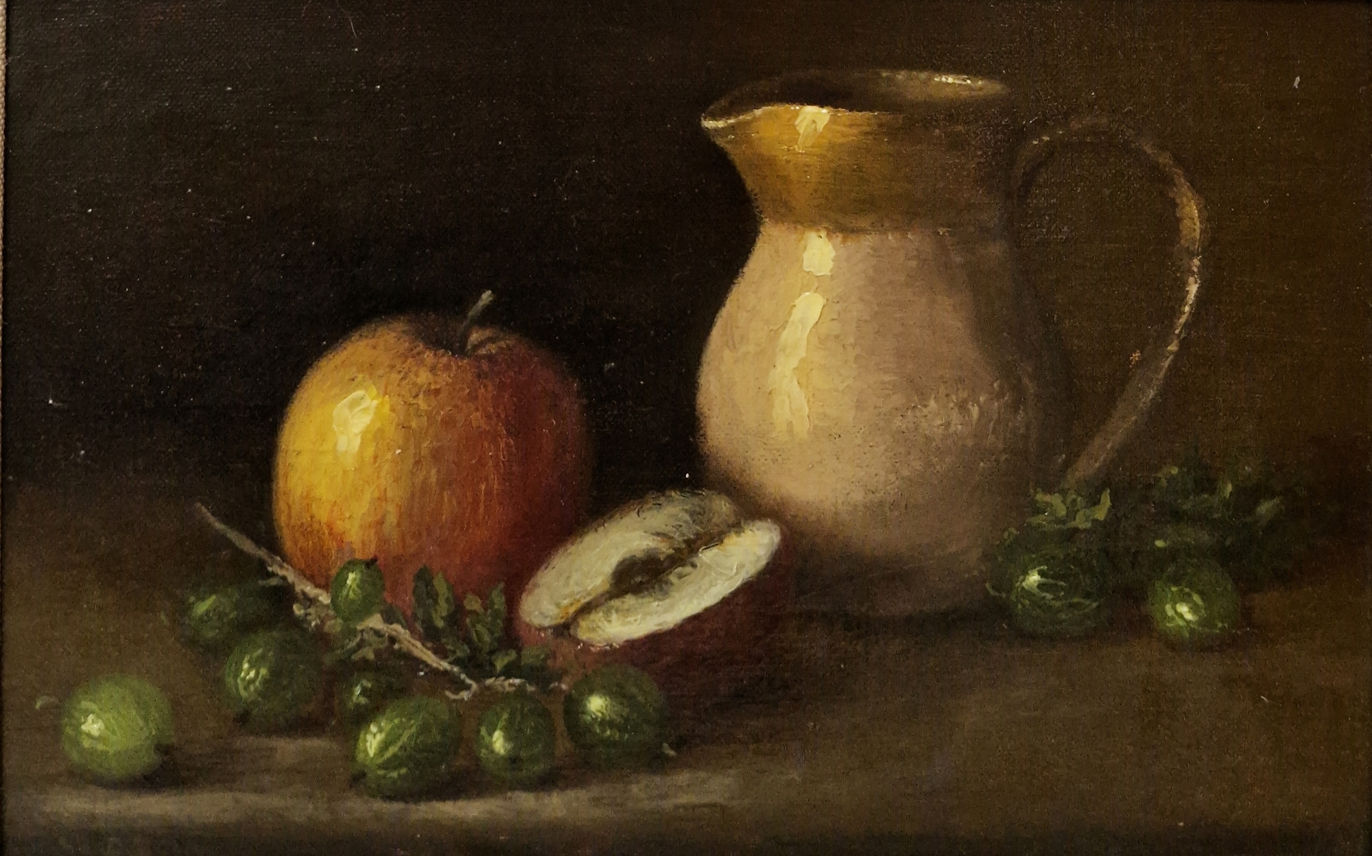 Artwork by Joyce Seddon, Still life of jug, apple and gooseberries, Made of Oil On Board
