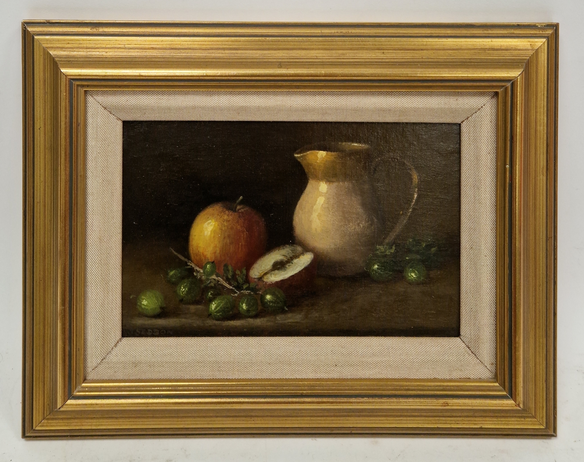 Artwork by Joyce Seddon, Still life of jug, apple and gooseberries, Made of Oil On Board