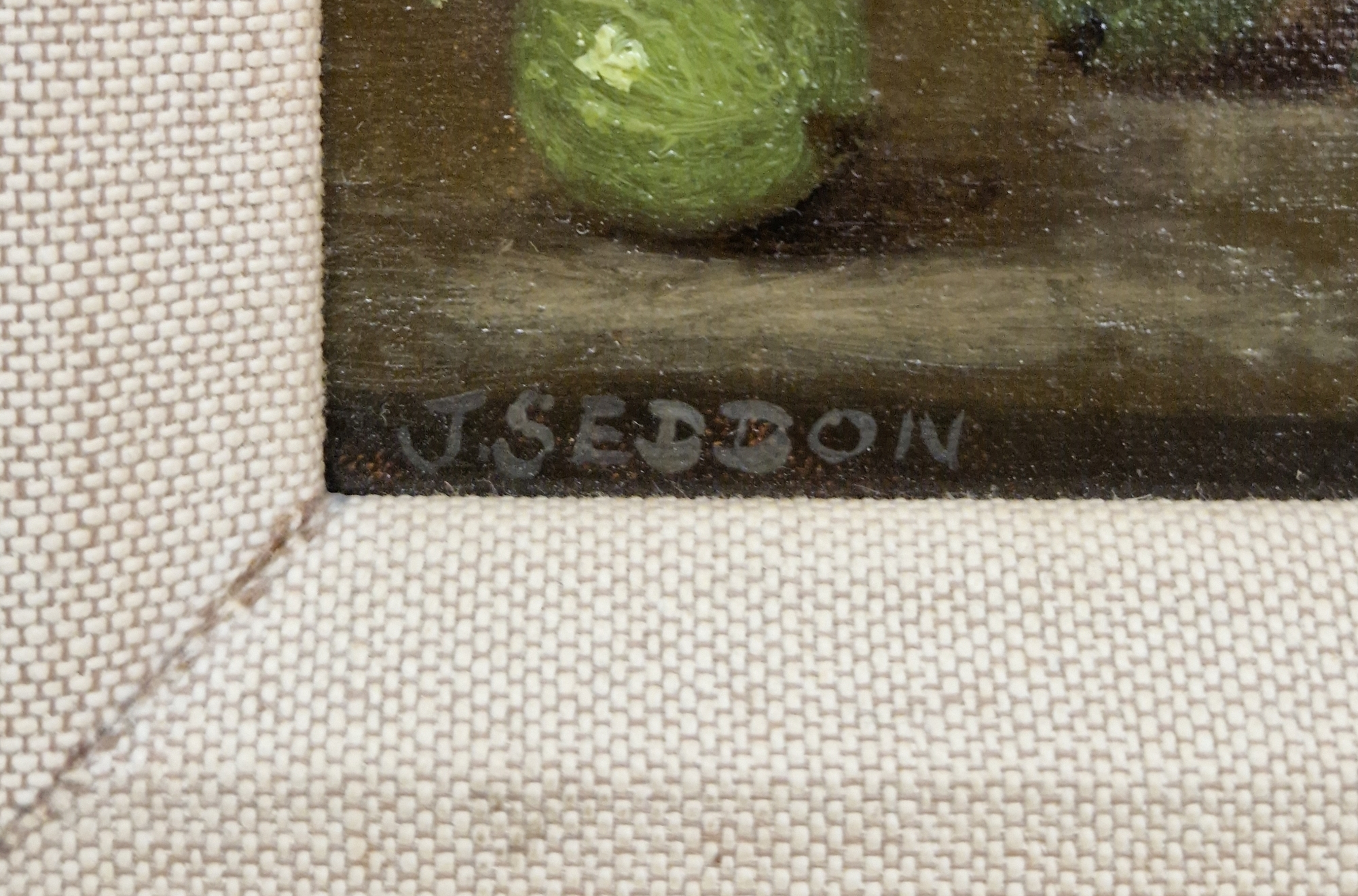 Artwork by Joyce Seddon, Still life of jug, apple and gooseberries, Made of Oil On Board