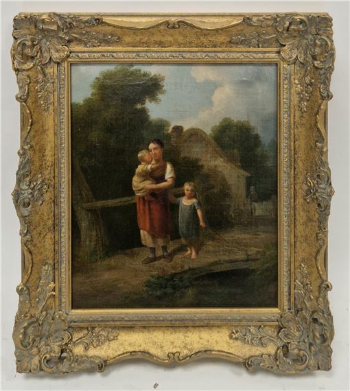 Joseph Rhodes | Woman and her two children on a bridge (1841) | MutualArt