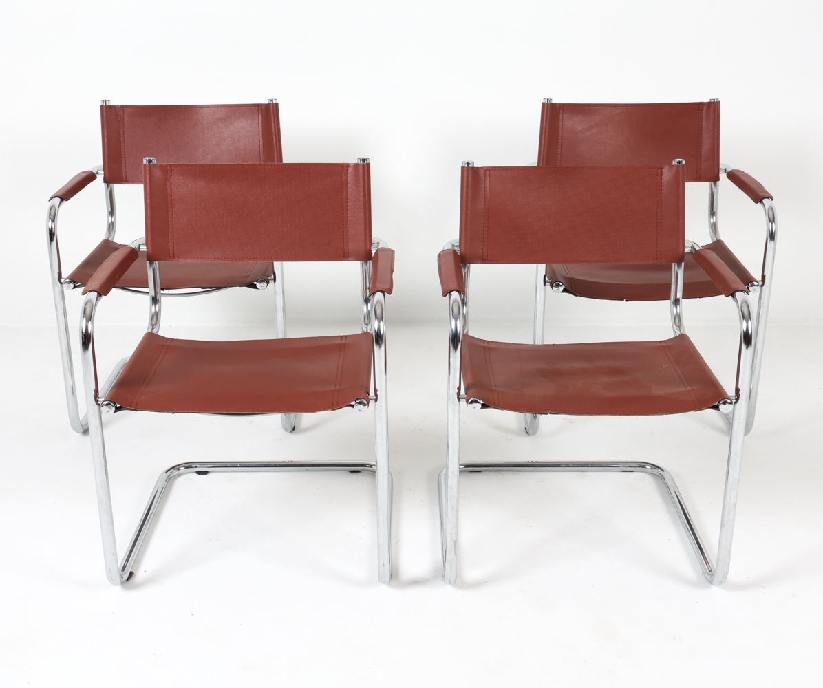 Artwork by Mart Stam, Cantilever dining chairs, Made of Chrome steel with brown leather upholstery