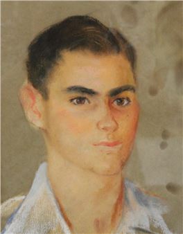 A pastel portrait of a young man with dark hair and a white collared shirt.