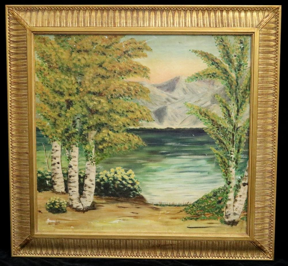 Artwork by Jonas Lie, Stand of Birch Trees by a Lake, Made of Oil On Canvas