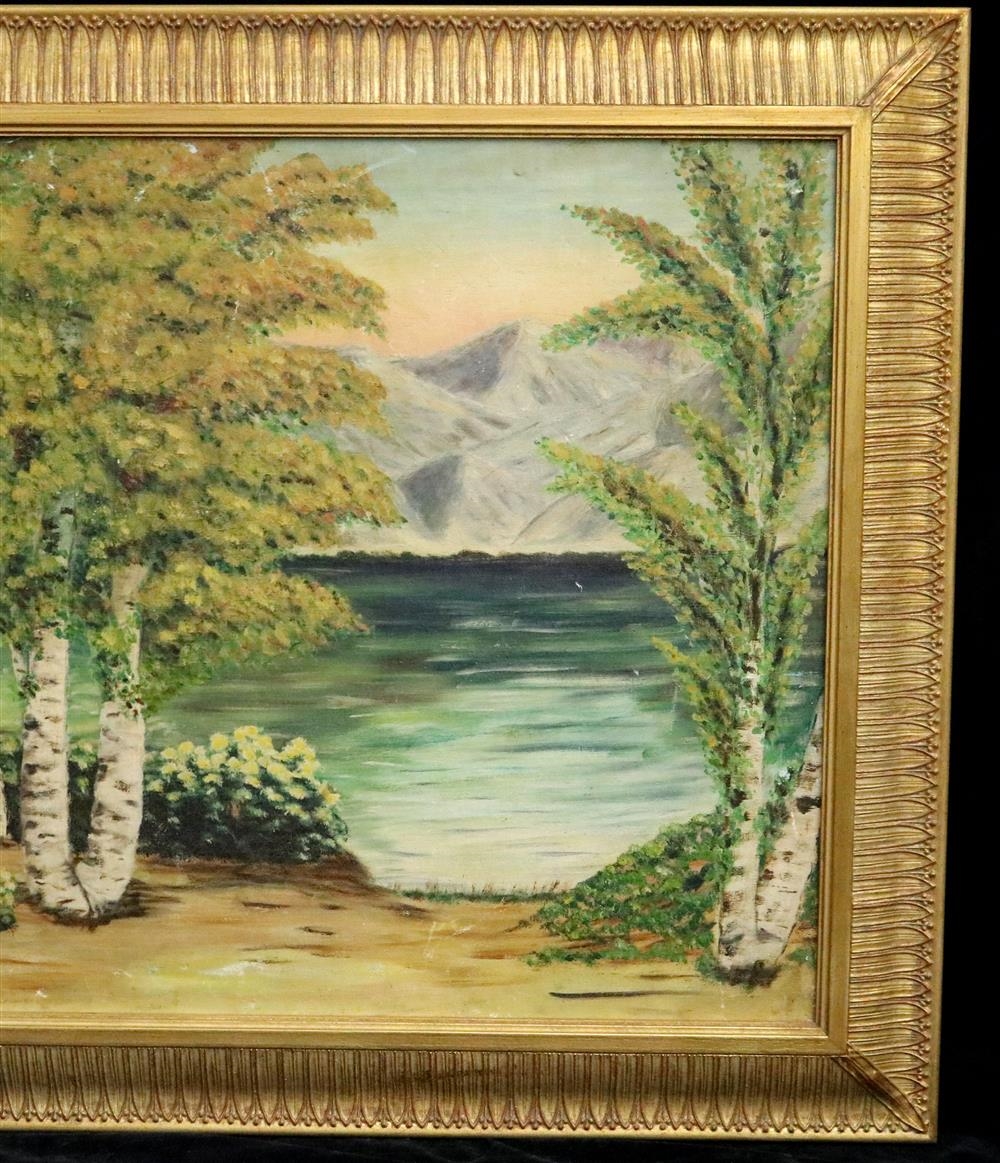 Artwork by Jonas Lie, Stand of Birch Trees by a Lake, Made of Oil On Canvas