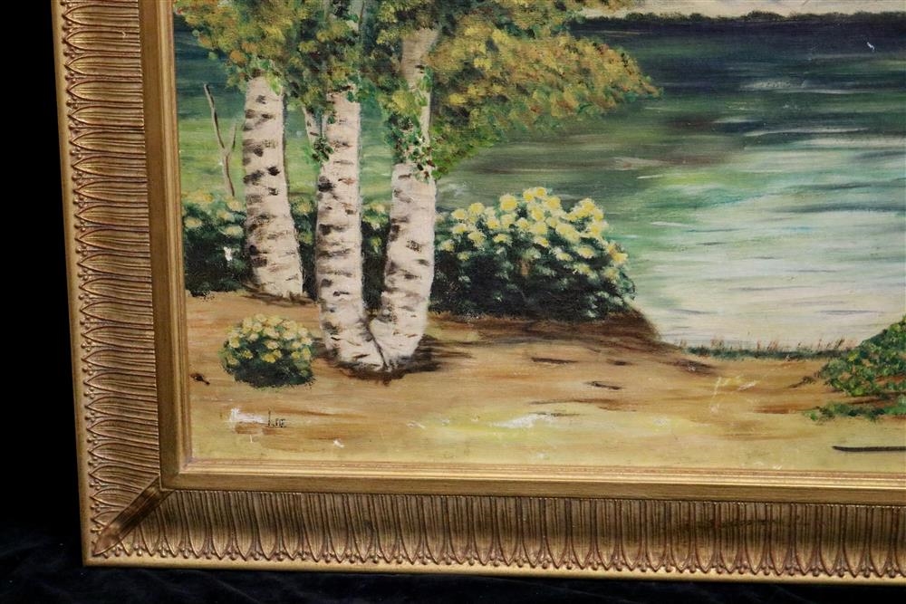 Artwork by Jonas Lie, Stand of Birch Trees by a Lake, Made of Oil On Canvas