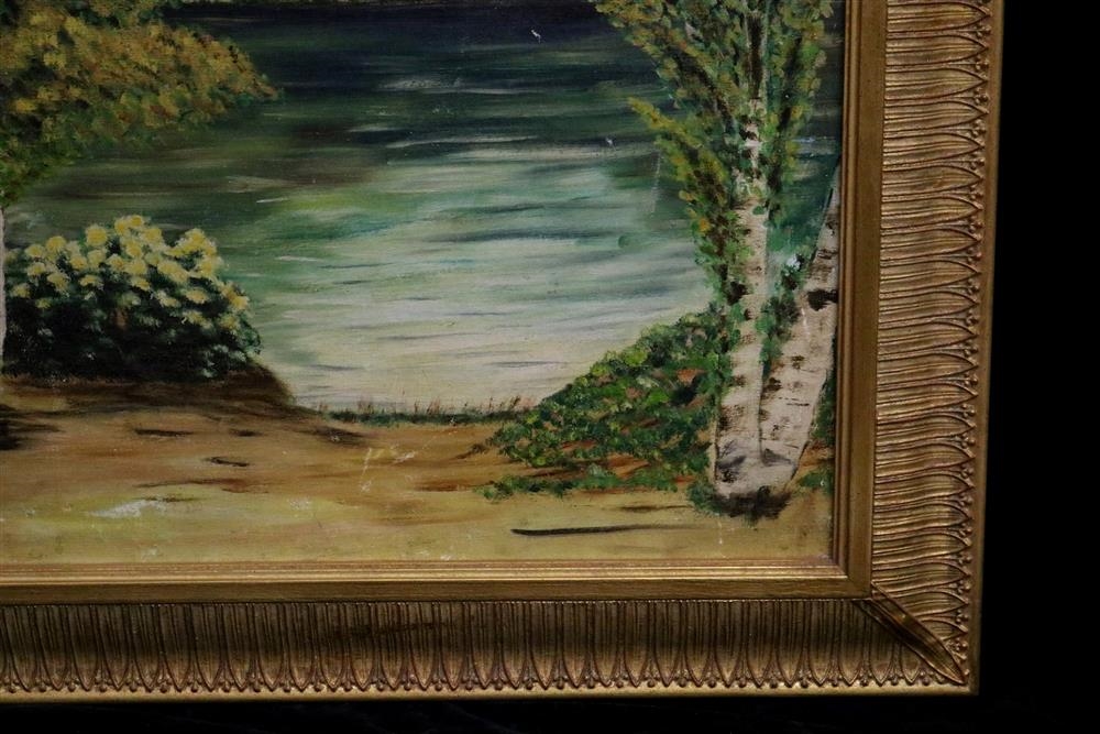 Artwork by Jonas Lie, Stand of Birch Trees by a Lake, Made of Oil On Canvas