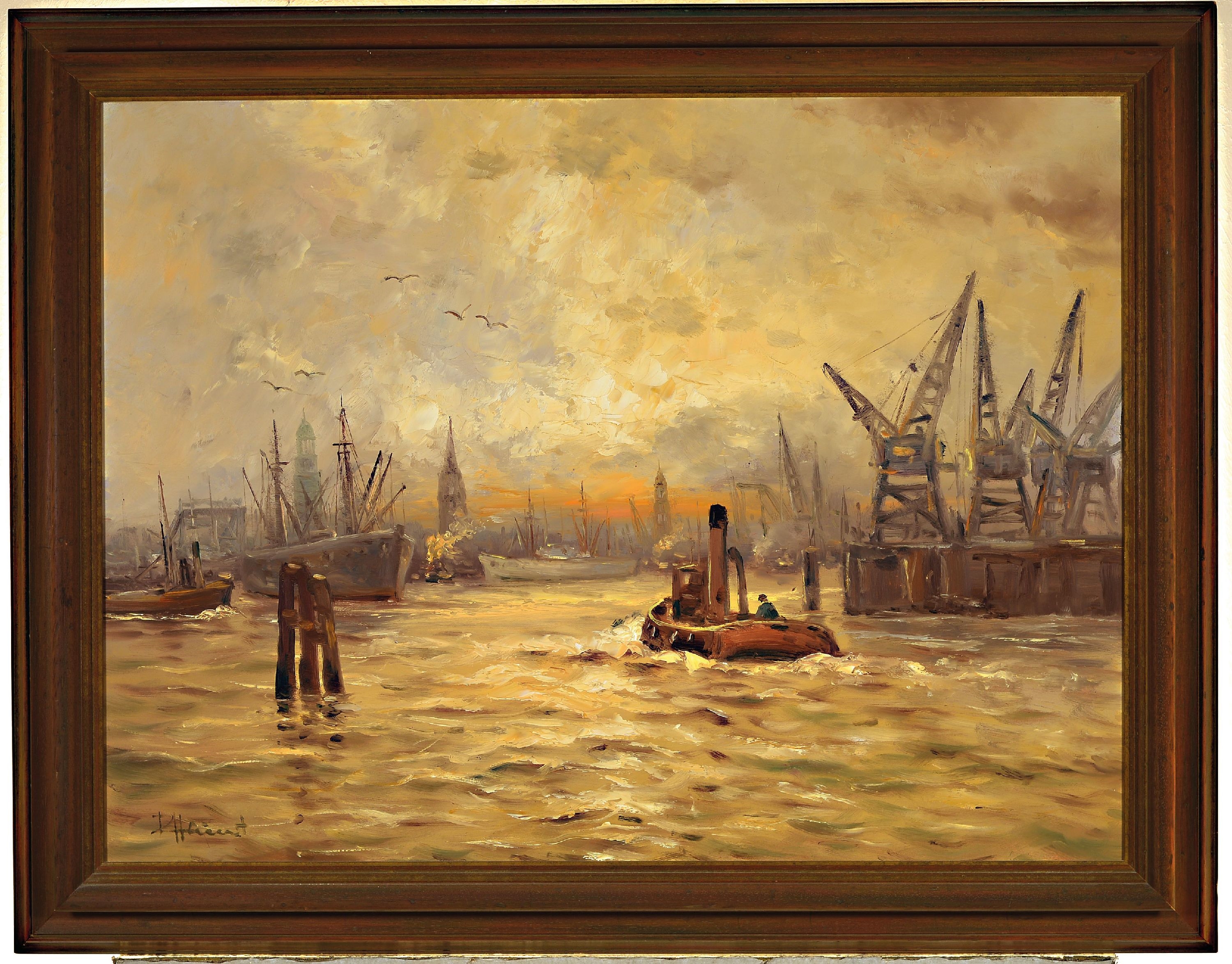Artwork by Adolf Rheinert, sunrise in the port, Made of oil/painting