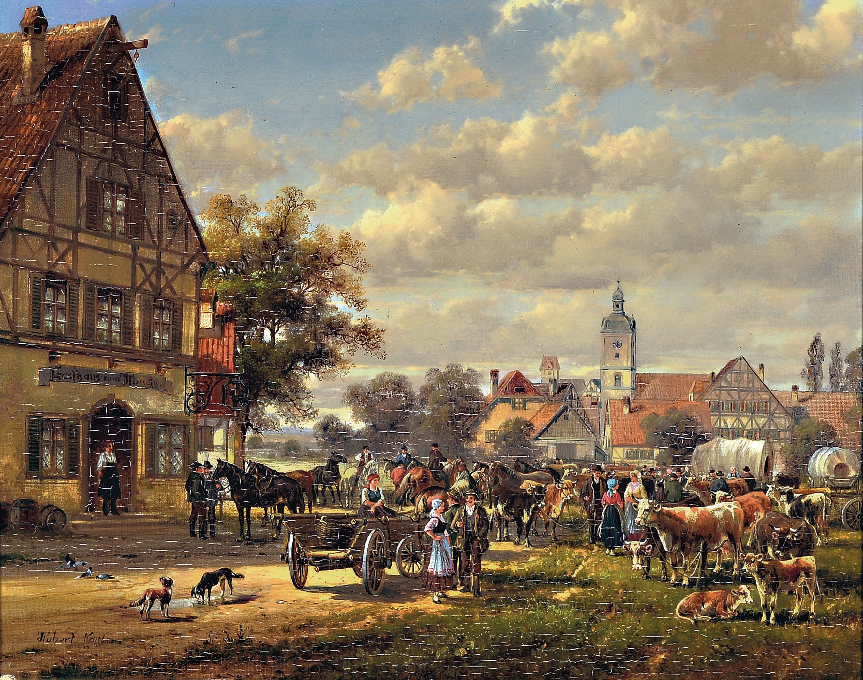 Artwork by Hubert Kaplan, cattle marketin front of the city, Made of oil/wood