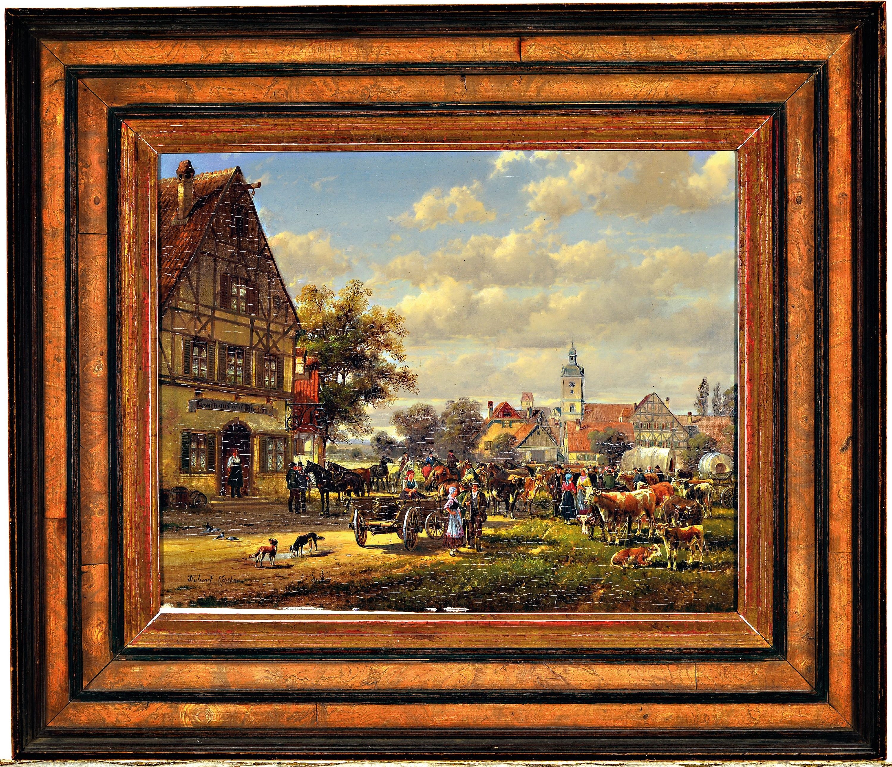 Artwork by Hubert Kaplan, cattle marketin front of the city, Made of oil/wood