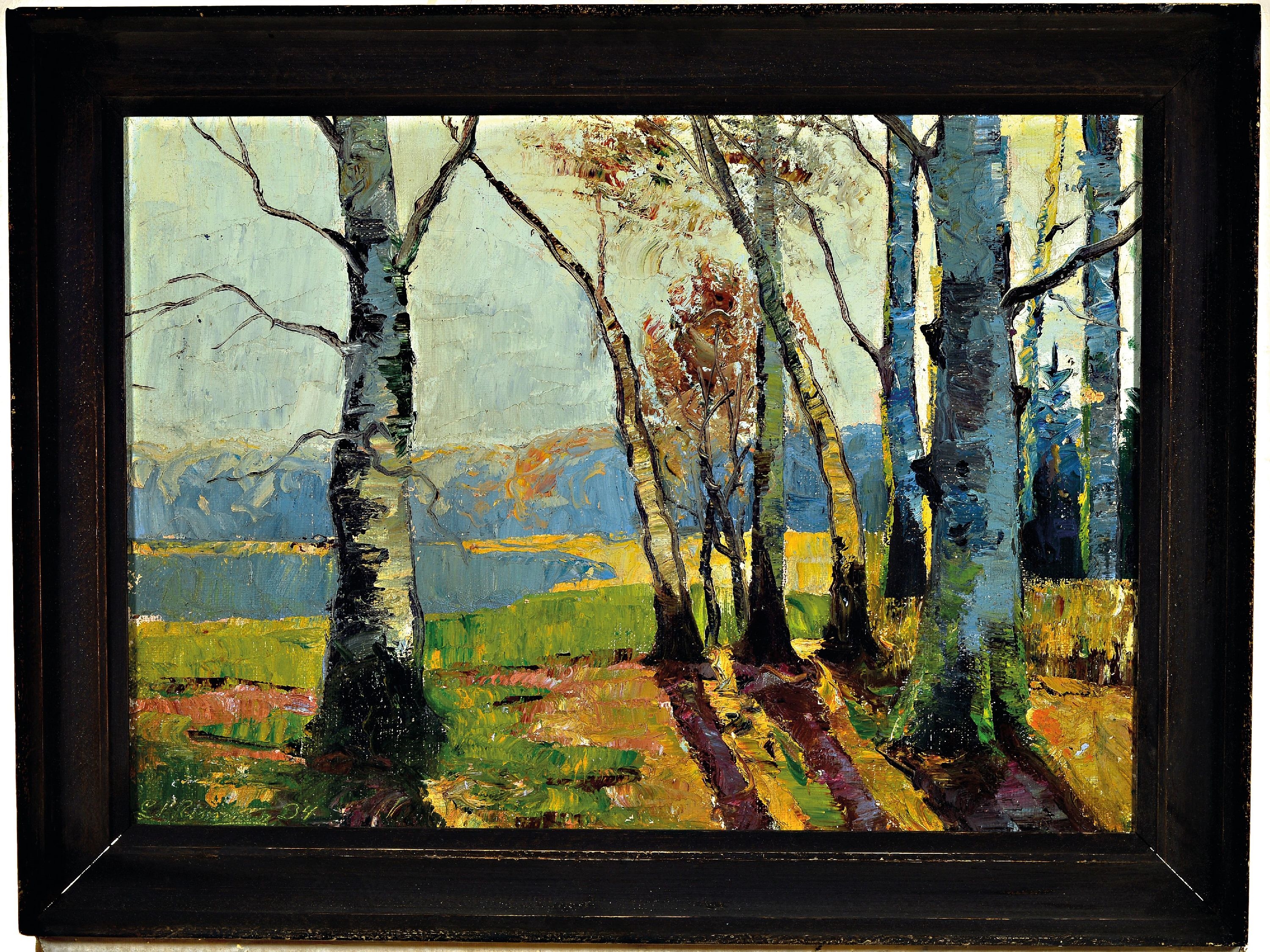 Artwork by Conrad Wimmer, view through autumn trees on a lake, Made of oil/canvas