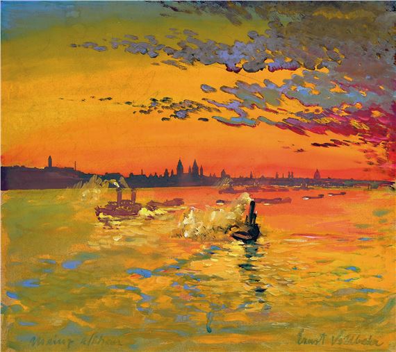 A vibrant impressionist painting of a river at sunset featuring steamboats and a distant city skyline.