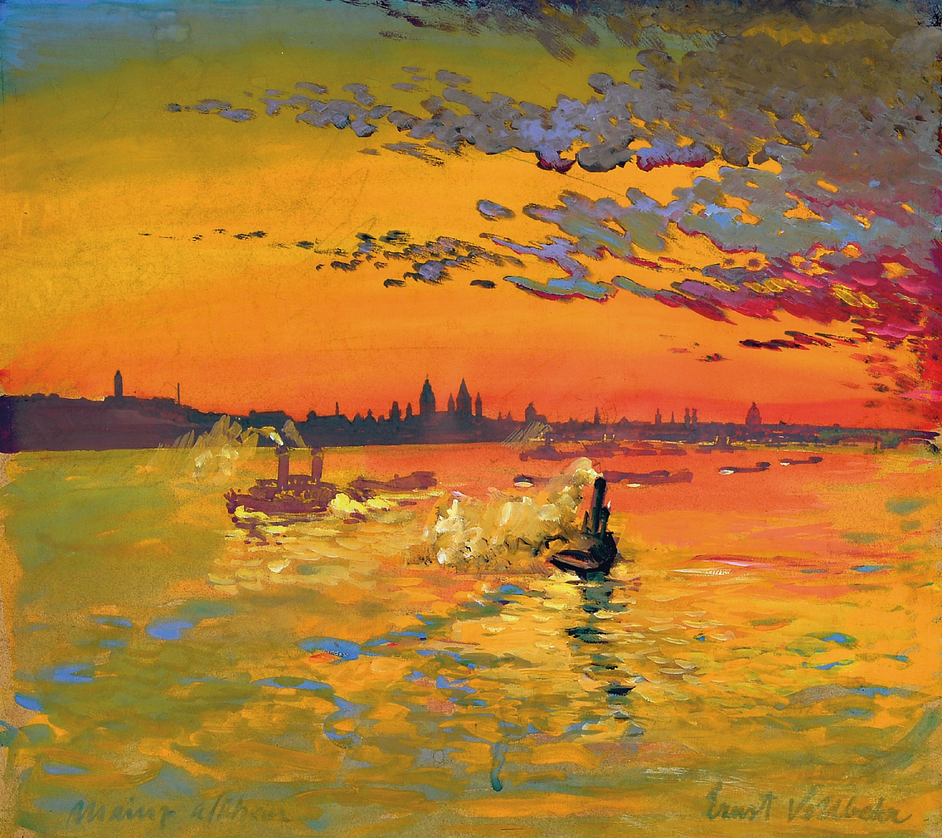 A vibrant impressionist painting of a river at sunset featuring steamboats and a distant city skyline.