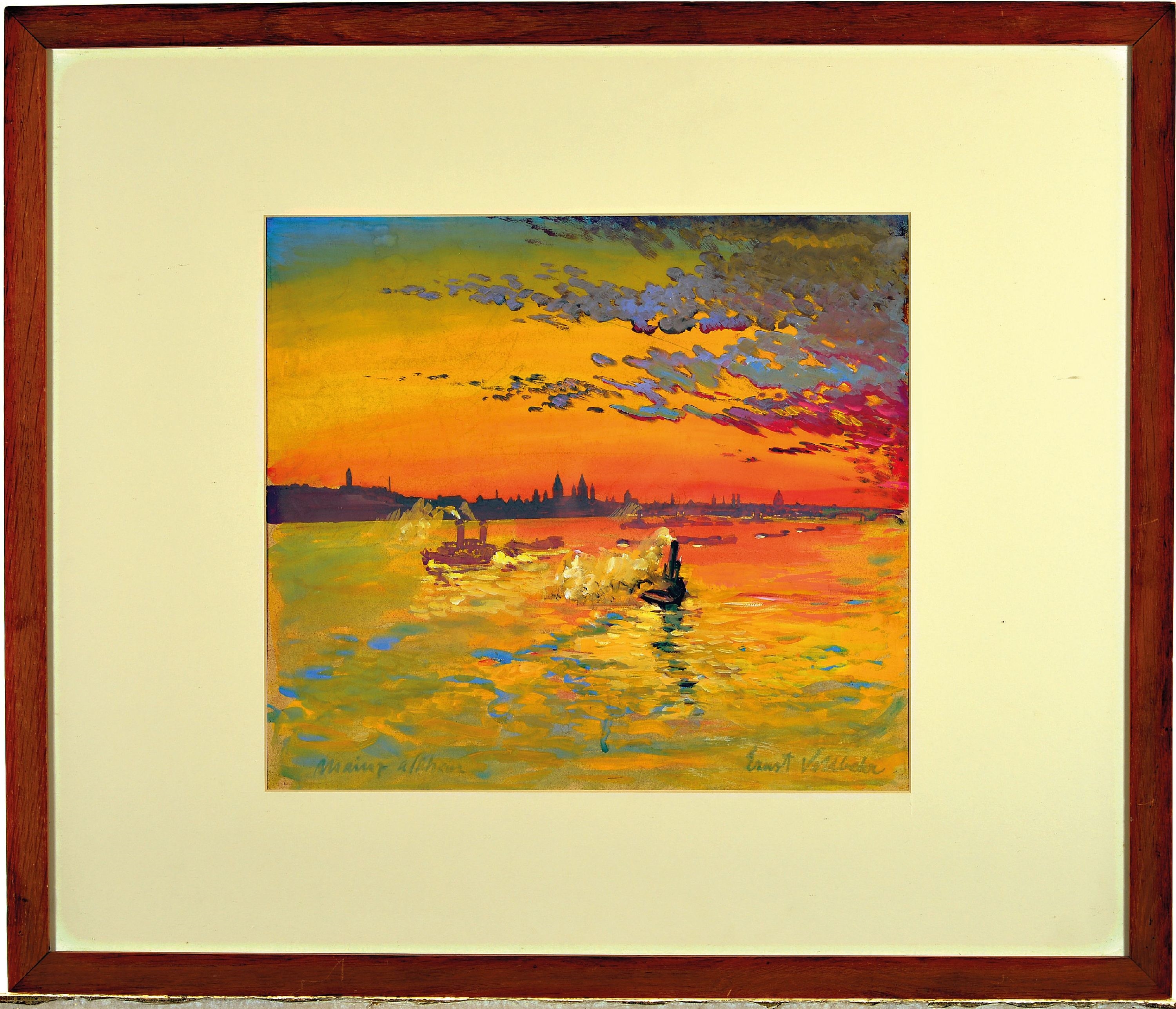 A vibrant impressionist painting of a river at sunset featuring steamboats and a distant city skyline.