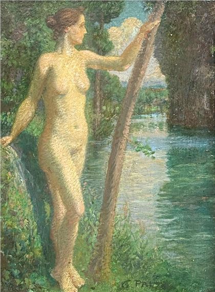A nude figure stands by a riverbank in an impressionistic landscape.