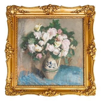 Bouquet of Roses on a Blue Tablecloth - Stefan Filipkiewicz