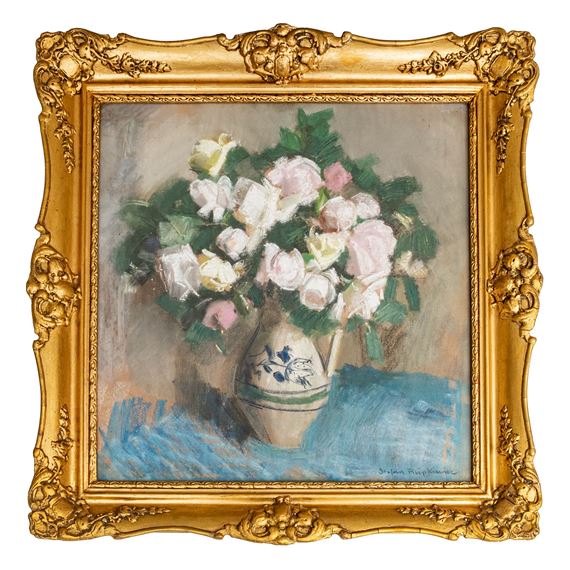 Bouquet of Roses on a Blue Tablecloth - Stefan Filipkiewicz