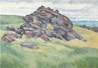 A watercolor landscape featuring a large layered rock formation rising from a grassy field with distant mountains.
