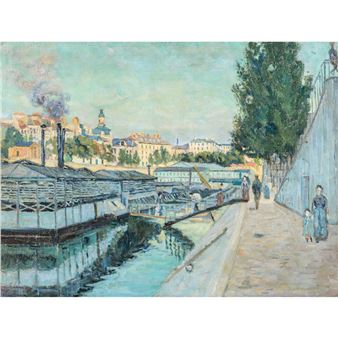 Schiffe auf der Seine mit der Silhouette von Paris im Hintergrund - Armand Guillaumin