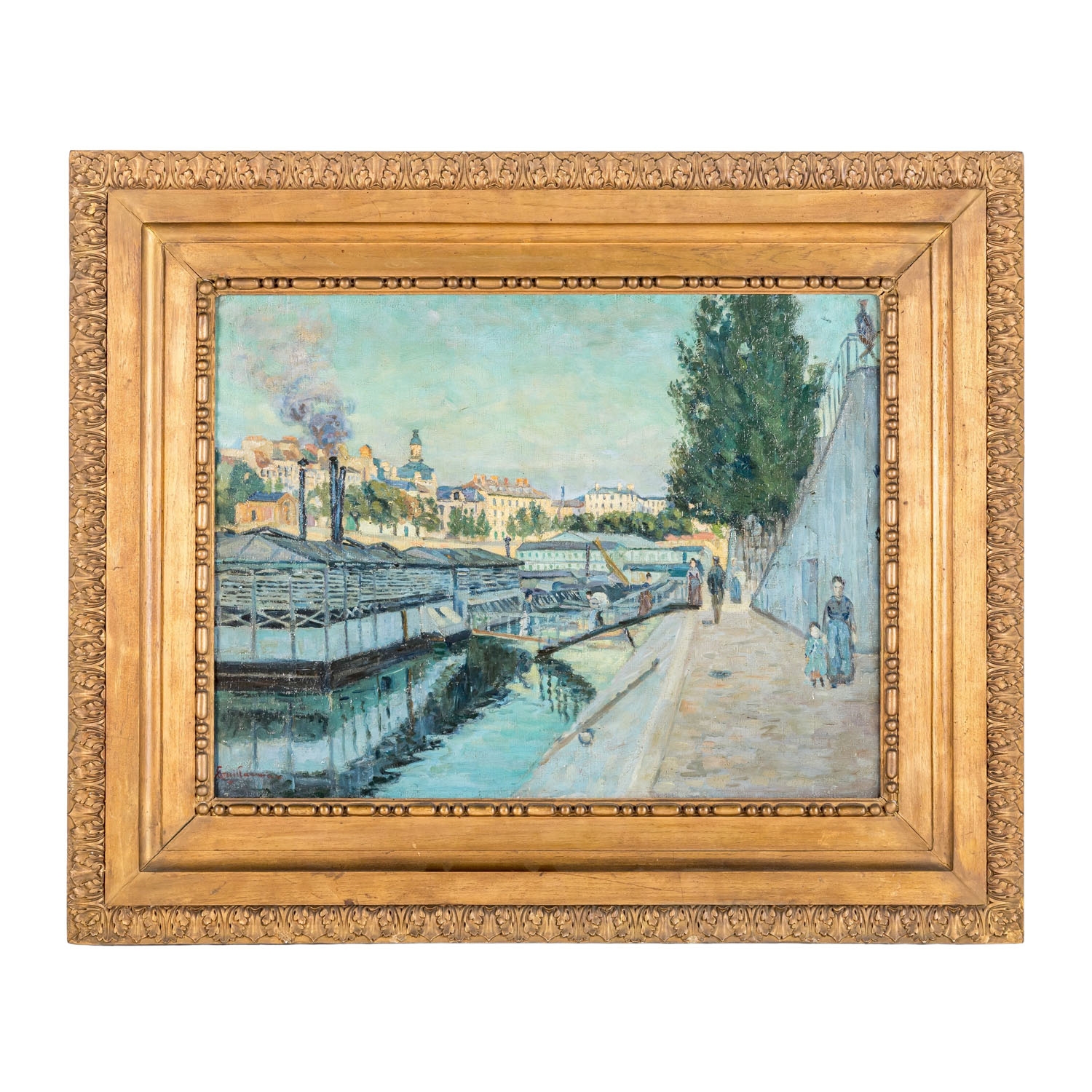 Artwork by Armand Guillaumin, Schiffe auf der Seine mit der Silhouette von Paris im Hintergrund, Made of Oil On Canvas