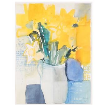 A watercolor painting of a vase with yellow flowers against a textured blue background.