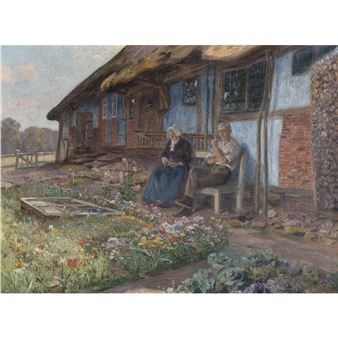 Älteres Paar auf einer Bank vor ihrem Bauernhof - Frederick Vezin