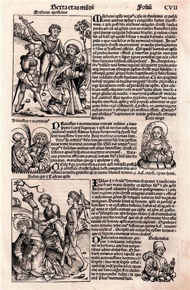 Nuremberg Chronicle -Martyrdom of four Apostles - 1493 by Michael Wolgemut, 1493
