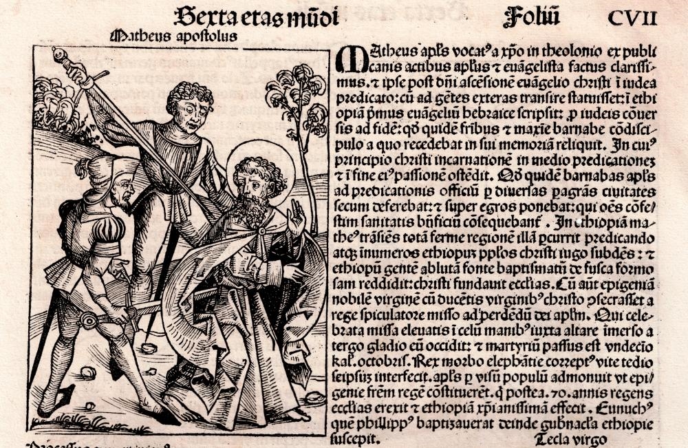 Artwork by Michael Wolgemut, Nuremberg Chronicle -Martyrdom of four Apostles - 1493, Made of Woodcuts