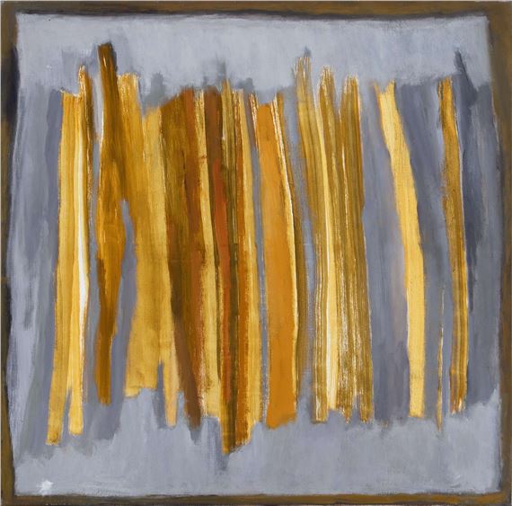 An abstract composition of vertical golden and brown brushstrokes against a muted grey-blue background.