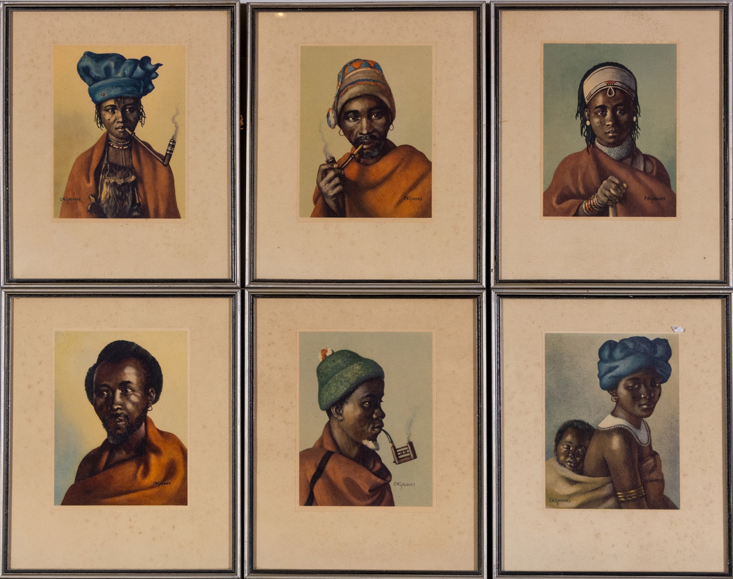 Artwork by Constance Helen Greaves, set of 6x colour prints depicting African portraits